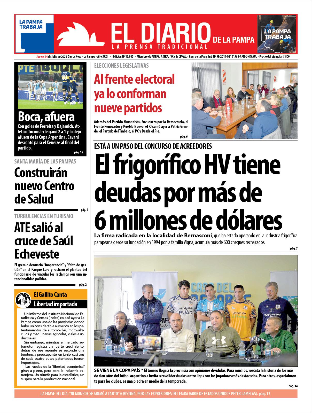 Tapa de El Diario en papel  jueves 24 de julio de 2025